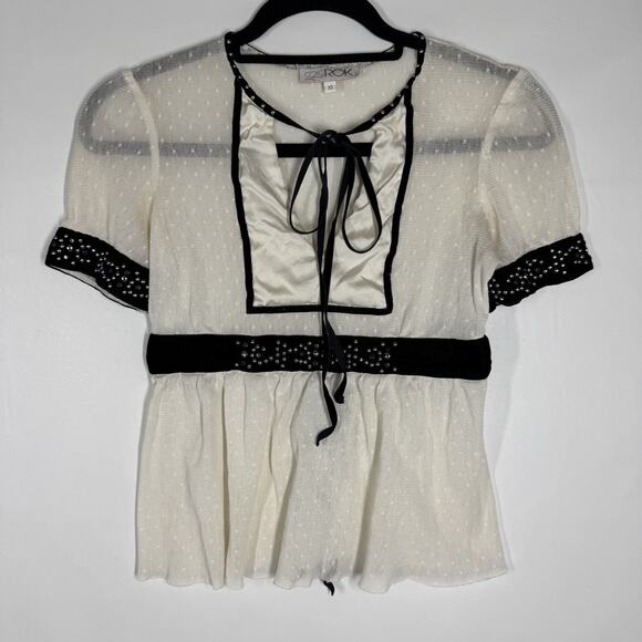 Y2K LaRok Womens Lace Mesh Studded Tie Front Shirt Top Shirt Size XS Whimsigoth - Picture 1 of 7